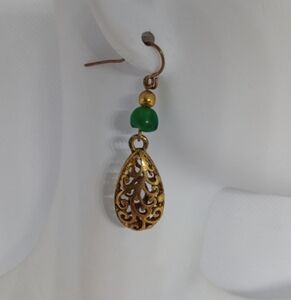 Gold and Green Teardrop Filigree Earrings Dangle Handmade Birthday Gift Party